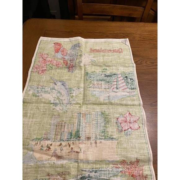 Vintage Linen Souvenir Towel Scenic Queensland Great Barrier Reef Made In Poland - Picture 11 of 12